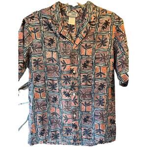 Malihini Men’s L Red Palm Tree Print SS Button Down Cotton Blend Hawaiian Shirt